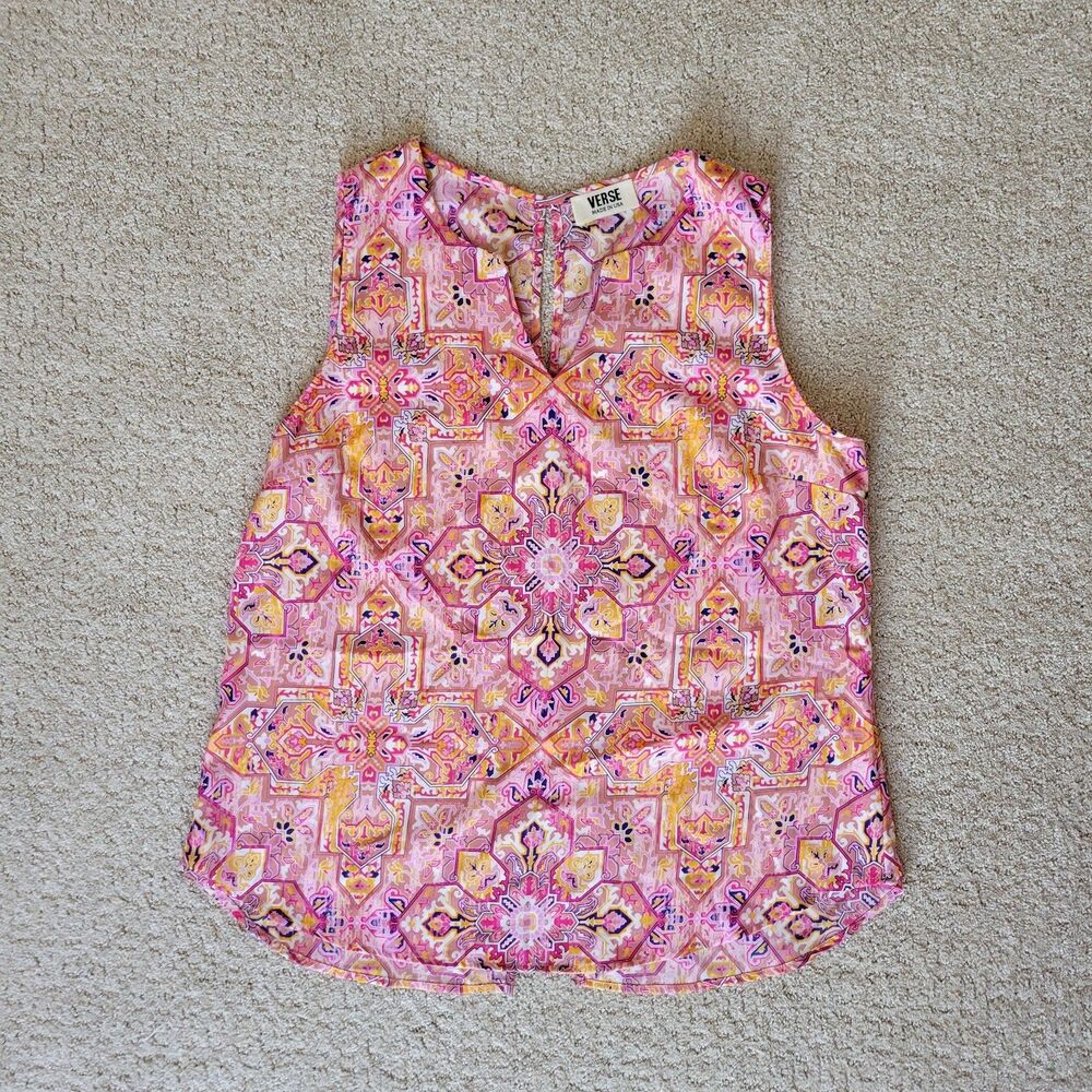 Verse Women's Blouse Top L Sleeveless V-Neck Pink Boho Summer Festival Hippie